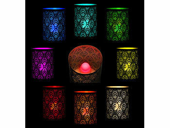 Lunartec 4er-Set wetterfeste LED-RGBWW-Kerzen mit Akku und Ladeschale, App
