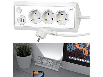 Schreibtisch Steckdose: revolt 3-fach-Steckdose mit LED-Nachtlicht, 1x USB A QC, 1x USB C PD, weiß