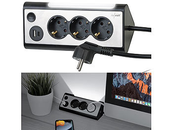 Steckdosenleiste USB: revolt 3-fach-Steckdose mit LED-Nachtlicht, 1x USB A QC, 1x USB C PD, schwarz