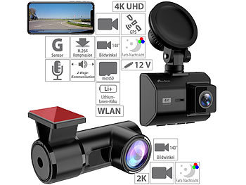 Auto Cam: NavGear 4K-UHD-Dashcam mit 2K-Heckkamera, GPS, WDR, WLAN & App, Sony-Sensor