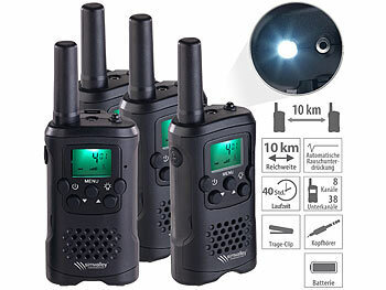 Handfunkgeräte: simvalley 4er-Set PMR-Funkgeräte mit VOX, Taschenlampe, 8 Kanälen, 446 MHz, 10km
