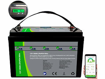 Solar Speicher Batterien: tka LiFePO4-Akku mit 12 V, 100 Ah / 1.280 Wh, BMS, LCD-Display, App
