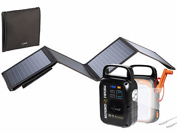 Powerbank Solar: revolt Kurbel-Dynamo-Powerstation (22,5 Ah) mit 28-Watt-Solarpanel