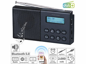 tragbares Radio: VR-Radio Digitales DAB+/FM-Taschenradio mit Bluetooth 5, Wecker, Display, RDS