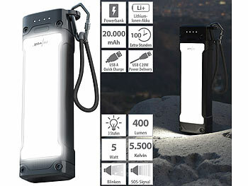 LED Taschenlampe: revolt Outdoor-USB-Powerbank mit 20.000 mAh, LED-Licht, USB-C PD 20 W, LED