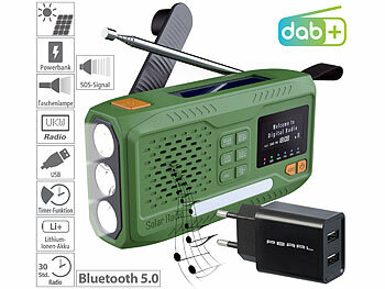 Baustellenradio: infactory Mobiles DAB+-Kurbelradio mit EWF, Solarpanel, LED und USB-Netzteil