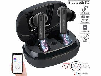 Kopfhoerer: auvisio In-Ear-Stereo-Headset mit ANC, Bluetooth 5.2, Ladebox, App, schwarz