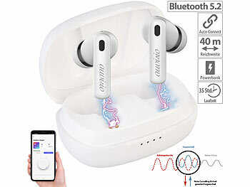 Kopfhörer Bluetooth: auvisio In-Ear-Stereo-Headset mit ANC, Bluetooth 5.2, Ladebox, App, weiß