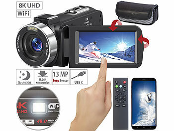8K Kamera: Somikon 8K-UHD-WLAN-Camcorder, IPS-Touchdisplay, 48 MP, 18-facher Zoom, App