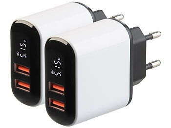 USB-Netzteil-Stecker: revolt 2er-Set 2-Port-USB-Netzteile mit 2x USB-A, QC und Display, 18W, weiß