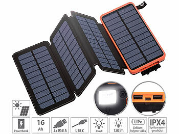 Powerbank Solarzelle: revolt Solar-Powerbank mit faltbarem 8-W-Solarpanel, LED-Lampe, 16 Ah, 2,1 A