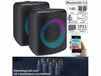 Mobile Partybox: auvisio 2er-Set Outdoor-PA-Partyanlagen & -Bluetooth-Boomboxen, Lichteffekte
