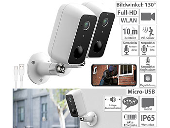 Outdoor Akku Kamera: VisorTech 2er-Set Outdoor-IP-Überwachungskamera, Full HD, WLAN & App, Akku, IP65