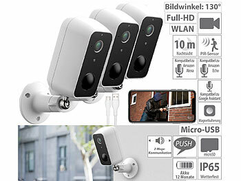 Mini-Kamera Akku: VisorTech 3er-Set Outdoor-IP-Überwachungskamera, Full HD, WLAN & App, Akku, IP65