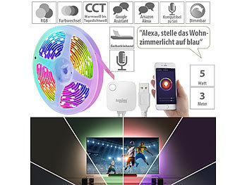 LED-Leuchtstreifen zum Einbinden ins Smarte Heimnetzwerk LEDstreifen einfarbig farbig: Luminea Home Control USB-RGB-CCT-LED-Streifen mit WLAN, App, Sound & Sprachsteuerung, 3 m