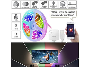 LED Lichtbänder: Luminea Home Control USB-RGB-LED-Streifen mit WLAN, App, Sound- & Sprachsteuerung, 3 m