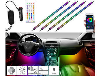 Auto LED: Lescars 4er-Set Kfz-LED-RGB-Streifen mit Fernbedienung, Bluetooth, App