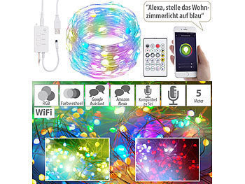 Lichterkette RGB LED: Luminea Home Control 4er RGB-LED-Lichterdraht mit Musik-Steueurung, WLAN und App, USB, 5 m