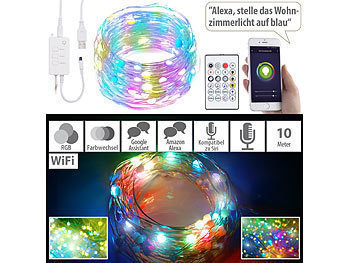 Lichterkette mit Musik: Luminea Home Control RGB-LED-Lichterdraht mit Musik-Steuerung, WLAN und App, USB, 10 m