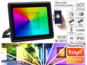 LED Strahler RGB: Luminea Home Control WLAN-Fluter, RGB-CCT-LEDs, App, Sprachsteuerung, 3.750 lm, 50 W, IP65