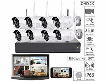 Überwachungskamera Set: VisorTech Funk-Überwachungssystem: HDD-Rekorder, 8 QHD-Kameras, App-Zugriff