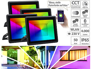 Strahler: Luminea Home Control 4er-Set WLAN-Fluter, RGB-CCT-LEDs, App, 3.750 lm, 50 W, IP65