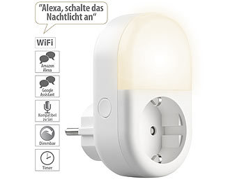 Orientierungslicht: Luminea Home Control WLAN-Steckdose mit smartem LED-Nachtlicht, App & Sprachsteuerung, 16 A