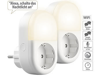 Nachtlicht Zeitschaltuhr: Luminea Home Control 2er-Set WLAN-Steckdose mit LED-Nachtlicht, App & Sprachsteuerung, 16 A