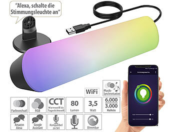 Light Bar: Luminea Home Control WLAN-USB-Stimmungsleuchte mit RGB+CCT-LEDs, App, 80 lm, 3,5 W, schwarz