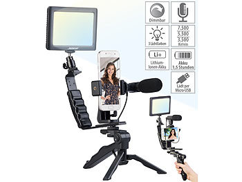 LED Fotoleuchte: Somikon 4-teiliges Vlogging-Set mit LED-Leuchte, Mikrofon, Stativ & Halterung