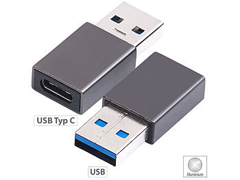 USB Kupplung: PEARL 2er-Set Adapter USB-Typ-A-Stecker auf USB-C-Buchse, Aluminiumgehäuse