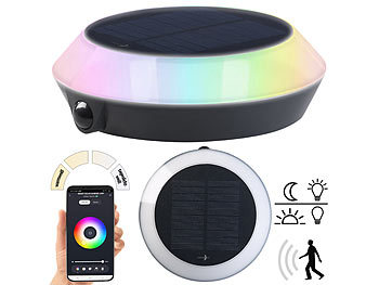 Lunartec 4er-Set Solar-Outdoor-Leuchten, RGB-CCT-LEDs, PIR, WLAN-Gateway, App