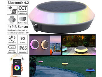 Solar Wandlampen: Lunartec Smarte Solar-Outdoor-Leuchte, RGB-CCT-LEDs, PIR, Bluetooth, App, 90 lm