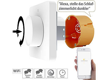 Dimmer Schalter: Luminea Home Control WLAN-Unterputz-Lichtschalter & Dimmer mit Dreh- & Drück-Funktion, App