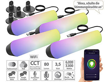 LED Farbwechsler: Luminea Home Control 4er-Set WLAN-USB-Stimmungsleuchte mit RGB+CCT-LEDs, App, 80 lm, 3,5 W