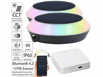 Lunartec 2er-Set Solar-Outdoor-Leuchten, RGB-CCT-LEDs, PIR, WLAN-Gateway, App