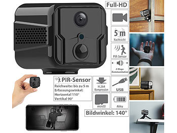 Überwachungskamera klein: 7links Micro-IP-Kamera, WLAN, Full HD, Akku, PIR, Nachtsicht, 12 Mon. Standby