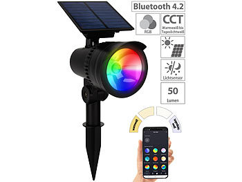 Solarlampe Erdspiess: Lunartec Smarter Solar-LED-Spot mit RGB-CCT, 50 lm, 1 W, Bluetooth, App, IP44
