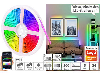 RGB LED Streifen: Luminea Home Control WLAN-RGBIC-LED-Lichtstreifen, Soundsteuerung, App, Sprachsteuerung, 5m