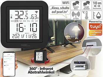 WLAN Fernbedienung: Luminea Home Control Lernfähige IR-Fernbedienung, Temperatur/Luftfeuchte, Display und App