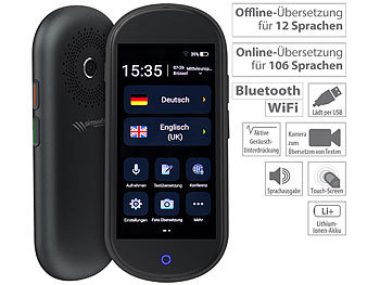Direktübersetzer: simvalley Mobile Mobiler Echtzeit-Sprachübersetzer, 106 Sprachen, Touchscreen, 4G, WLAN
