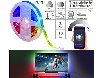 Leuchtstreifen: Luminea Home Control WLAN-RGB-LED-Streifen mit App- und Sprachsteuerung, USB, 3 m