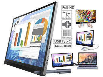 Display: auvisio Ultradünner Full-HD-IPS-Monitor, 39,6 cm (15,6"), USB-C, Mini-HDMI