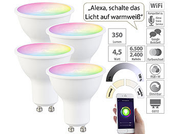 LED-Glühbirne GU10: Luminea Home Control 4er-Set WLAN-LED-Spots, GU10, RGB-CCT 4,5 Watt, 326 lm, 45°, App