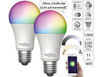 Smart LED E27: Luminea Home Control 2er-Set WLAN-LED-Lampe, E27, RGB-CCT, 11W (ersetzt 120W), 1.055lm, App
