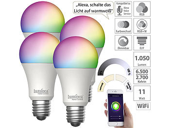 Alexa Glühbirnen E27: Luminea Home Control 4er-Set WLAN-LED-Lampen, E27, RGB-CCT, 11W(ersetzt 120W), 1.055lm, App