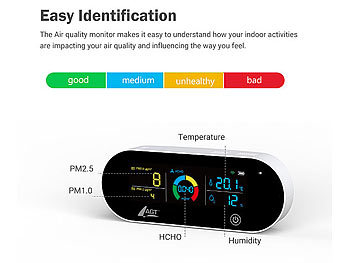 AGT 5in1-Akku-Luftqualitätsmesser, HCHO, PM1/2,5, Temperatur u.v.m., App