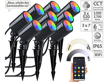LED Strahler: Luminea Home Control 3x 3er-Set WLAN-Gartenstrahler, dimmbar, RGB & CCT, je 520 lm, App