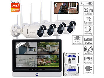 Überwachungskamera mit Monitor: VisorTech Funk-Überwachungssystem mit Display-HDD-Rekorder (1 TB), 4 IP-Kameras