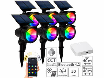 Solar Spot: Lunartec 6er-Set RGB-CCT-LED-Spot mit Bluetooth, 50 lm, 1 W, IP44 inkl. Gateway